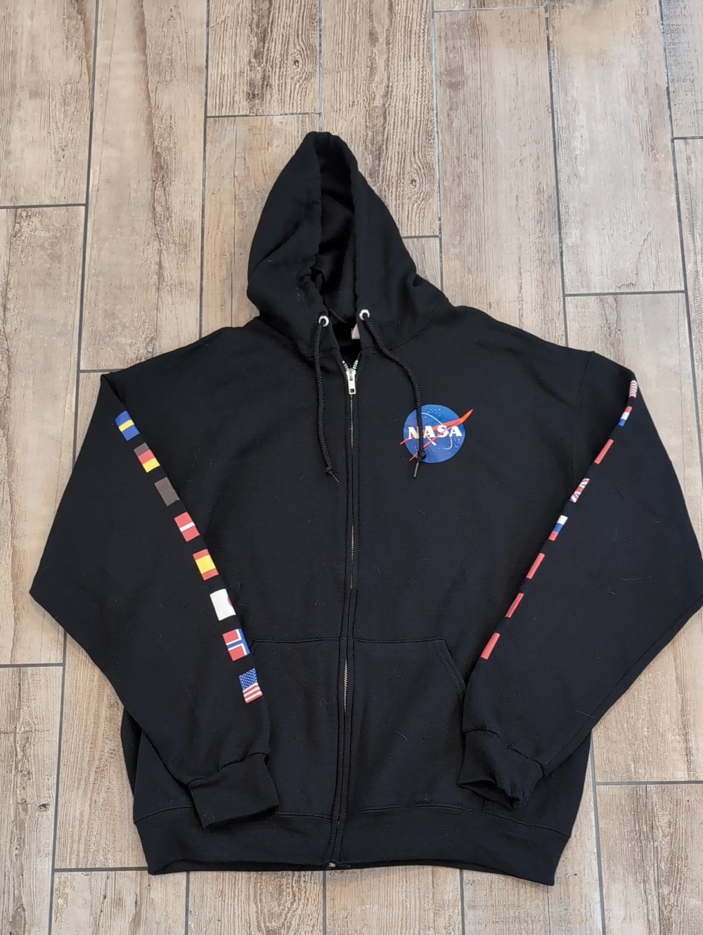 Black ISS NASA Full-Zip Hoodie with International Flag Sleeve Stripes